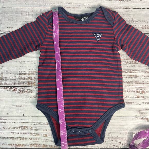 Baby Guess Long Sleeve Bodysuit 6-9 Months Navy Maroon Stripes Triangle Logo - Picture 9 of 11